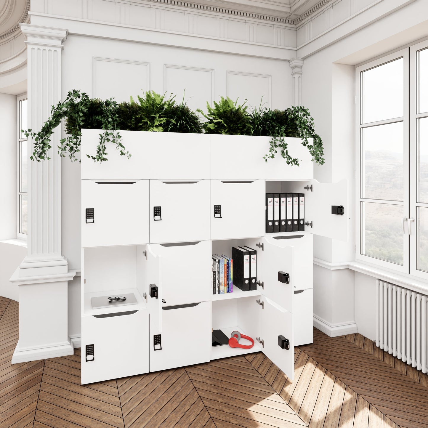 CHOICE Spind | 1800 x 1704 mm, 12 Schliessfächer, Blumenkästen, Weiss