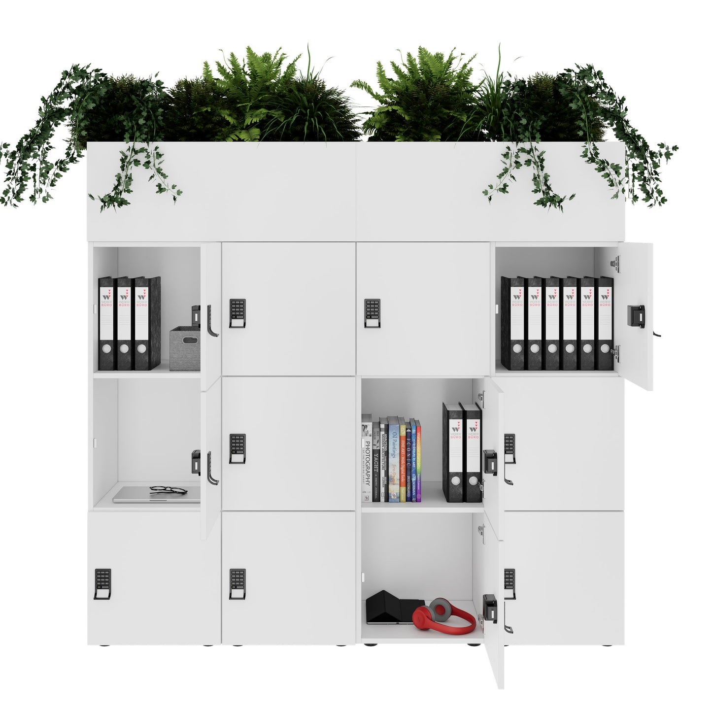 CHOICE Spind | 1800 x 1704 mm, 12 Schliessfächer, Blumenkästen, Weiss