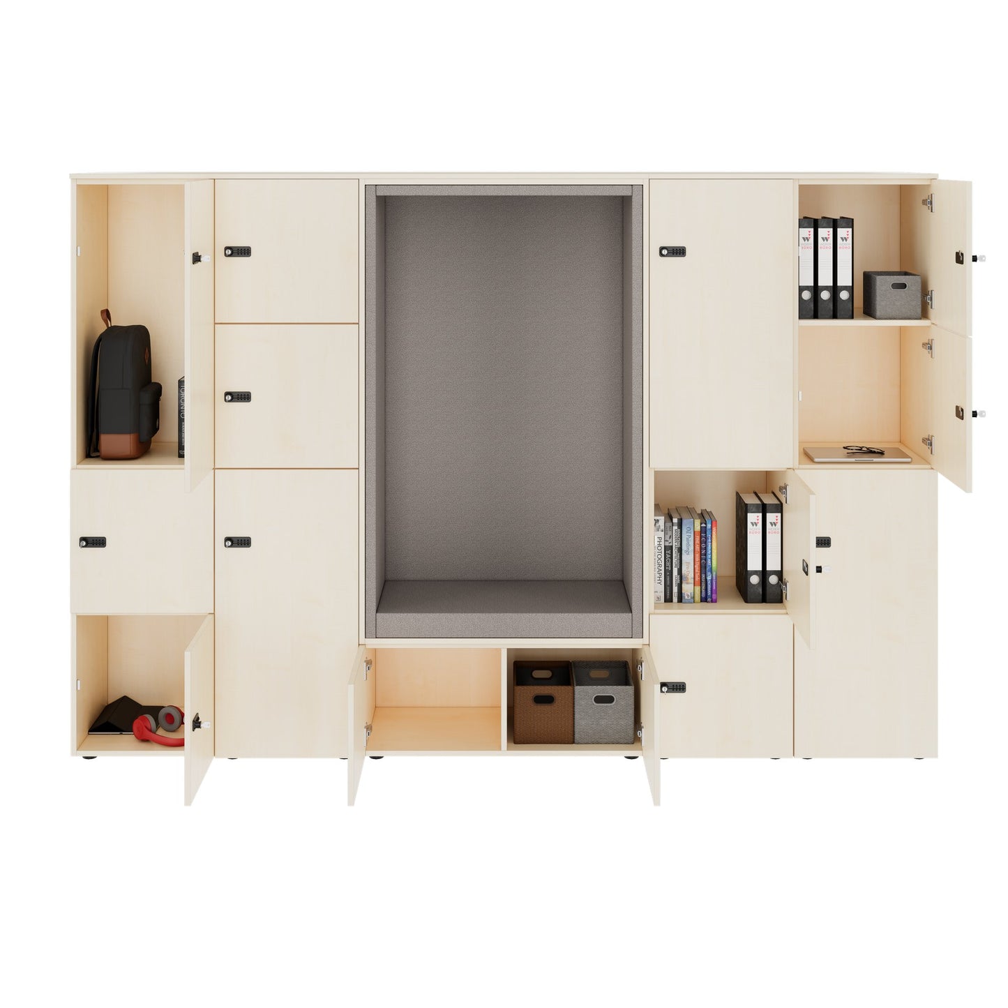 CHOICE Spind | 2706 x 1836 mm, 12 Schliessfächer, Sitznische, Ahorn