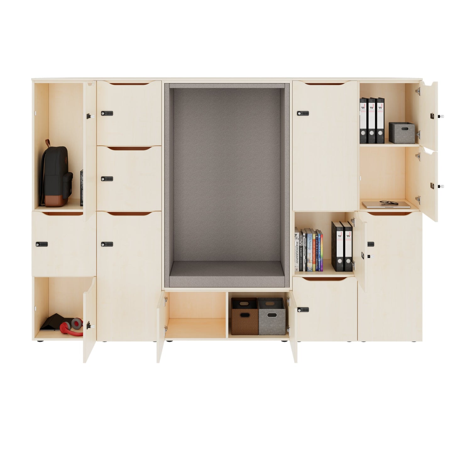 CHOICE Spind | 2706 x 1836 mm, 12 Schliessfächer, Sitznische, Ahorn