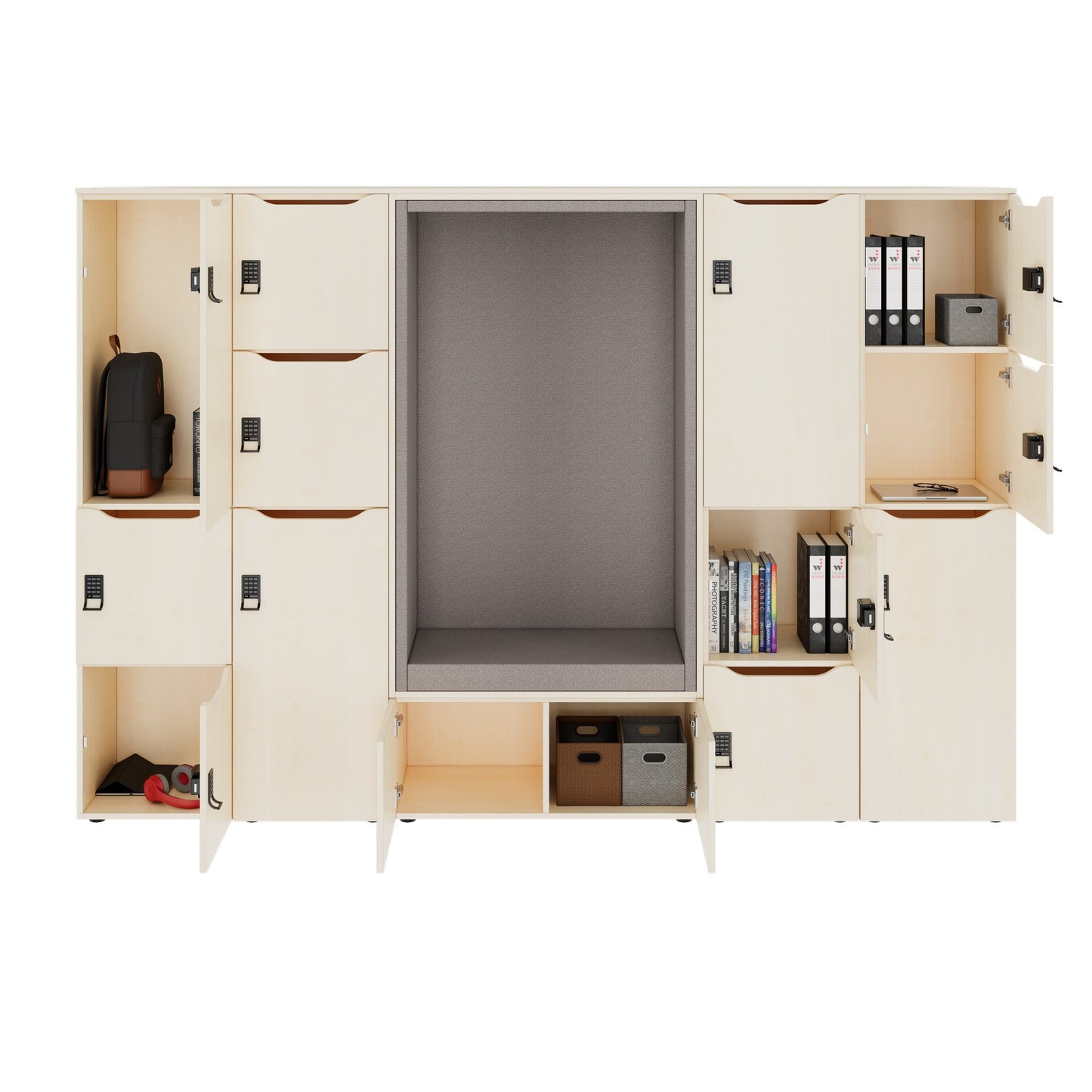 CHOICE Spind | 2706 x 1836 mm, 12 Schliessfächer, Sitznische, Ahorn