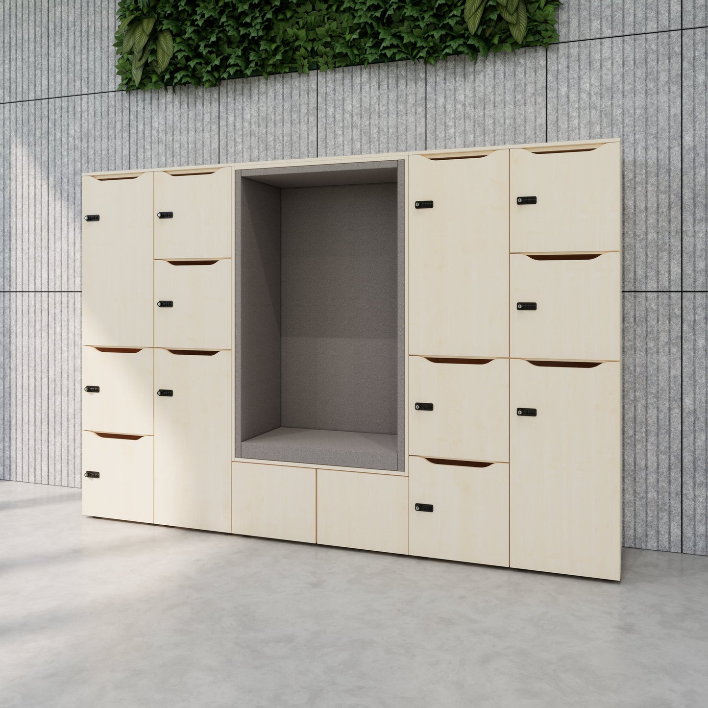 CHOICE Spind | 2706 x 1836 mm, 12 Schliessfächer, Sitznische, Ahorn