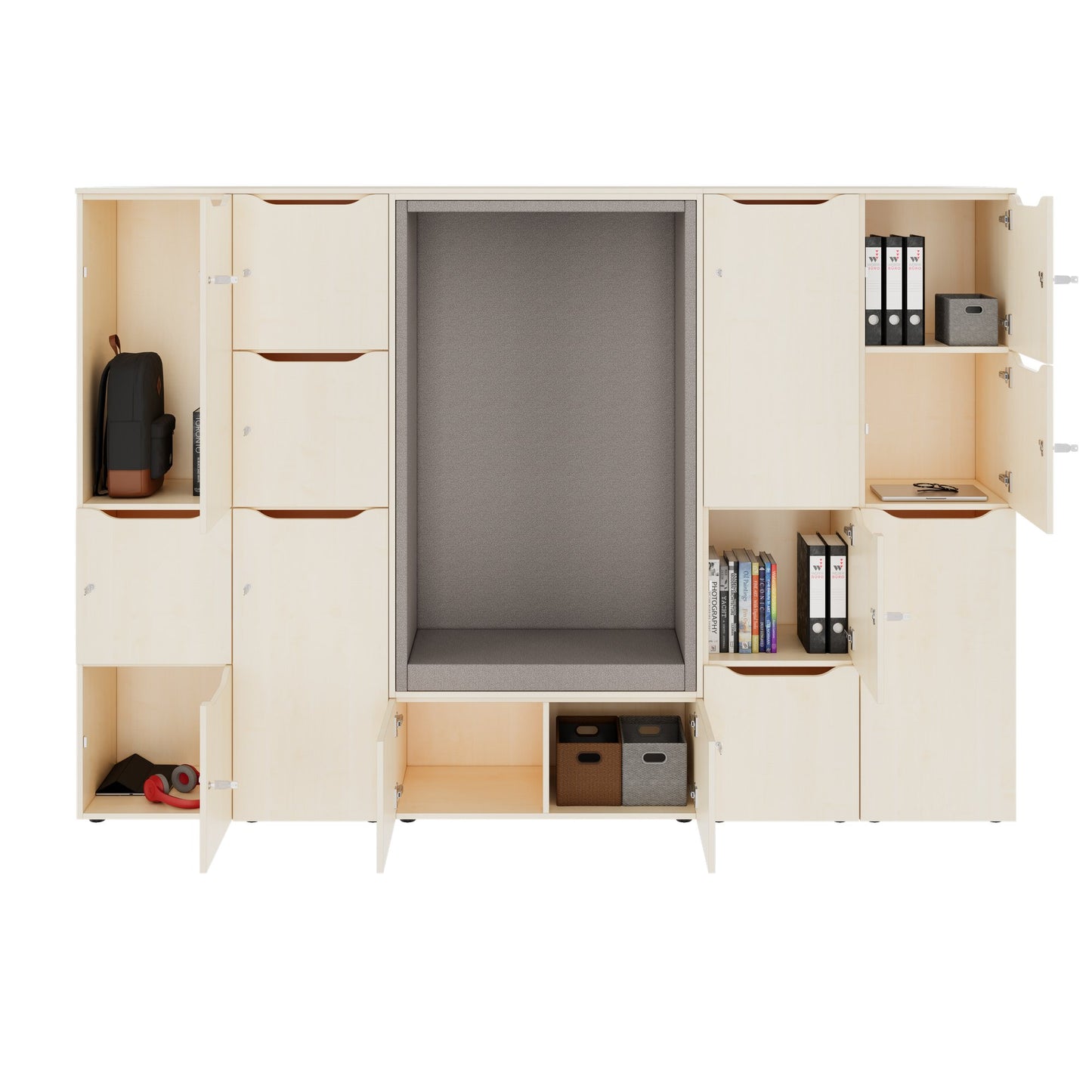 CHOICE Spind | 2706 x 1836 mm, 12 Schliessfächer, Sitznische, Ahorn