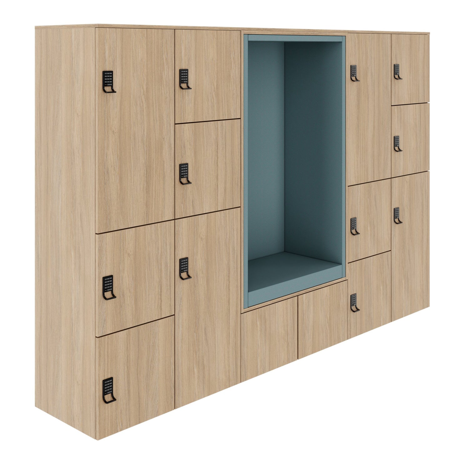 CHOICE Spind | 2706 x 1836 mm, 12 Schliessfächer, Sitznische, Bernsteineiche