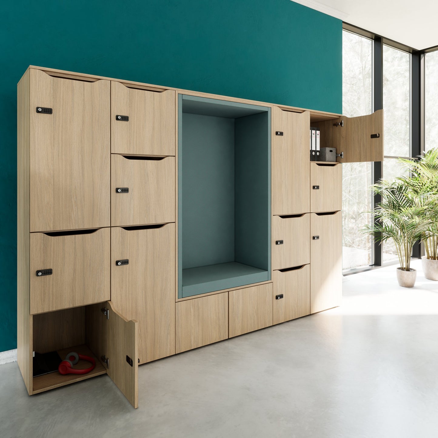 CHOICE Spind | 2706 x 1836 mm, 12 Schliessfächer, Sitznische, Bernsteineiche