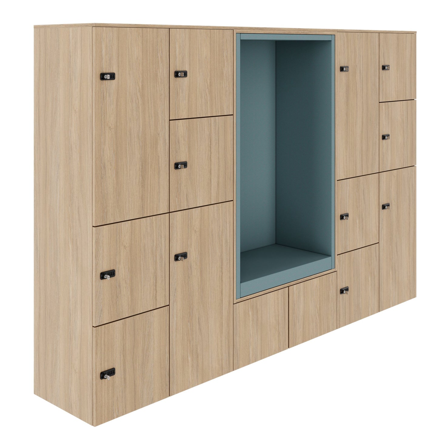 CHOICE Spind | 2706 x 1836 mm, 12 Schliessfächer, Sitznische, Bernsteineiche