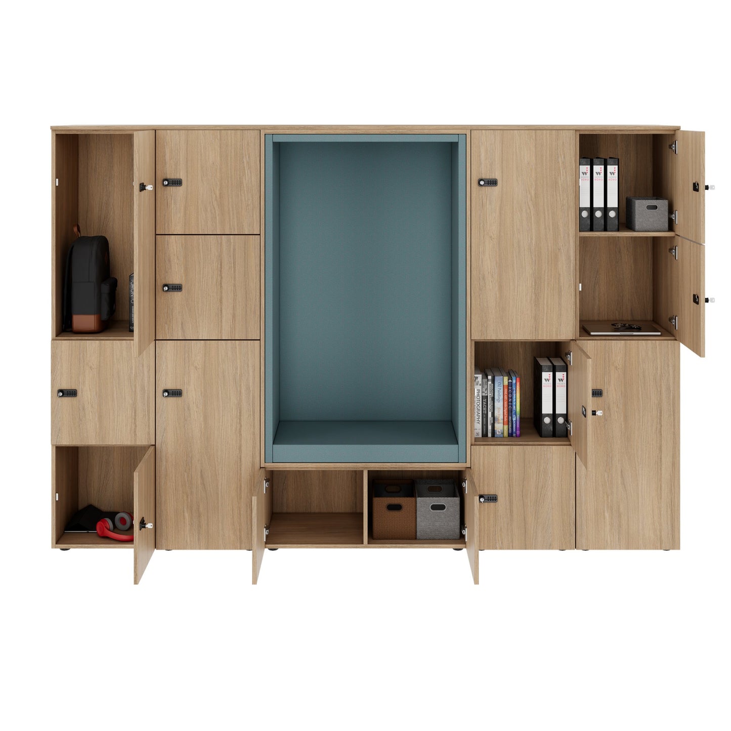 CHOICE Spind | 2706 x 1836 mm, 12 Schliessfächer, Sitznische, Bernsteineiche