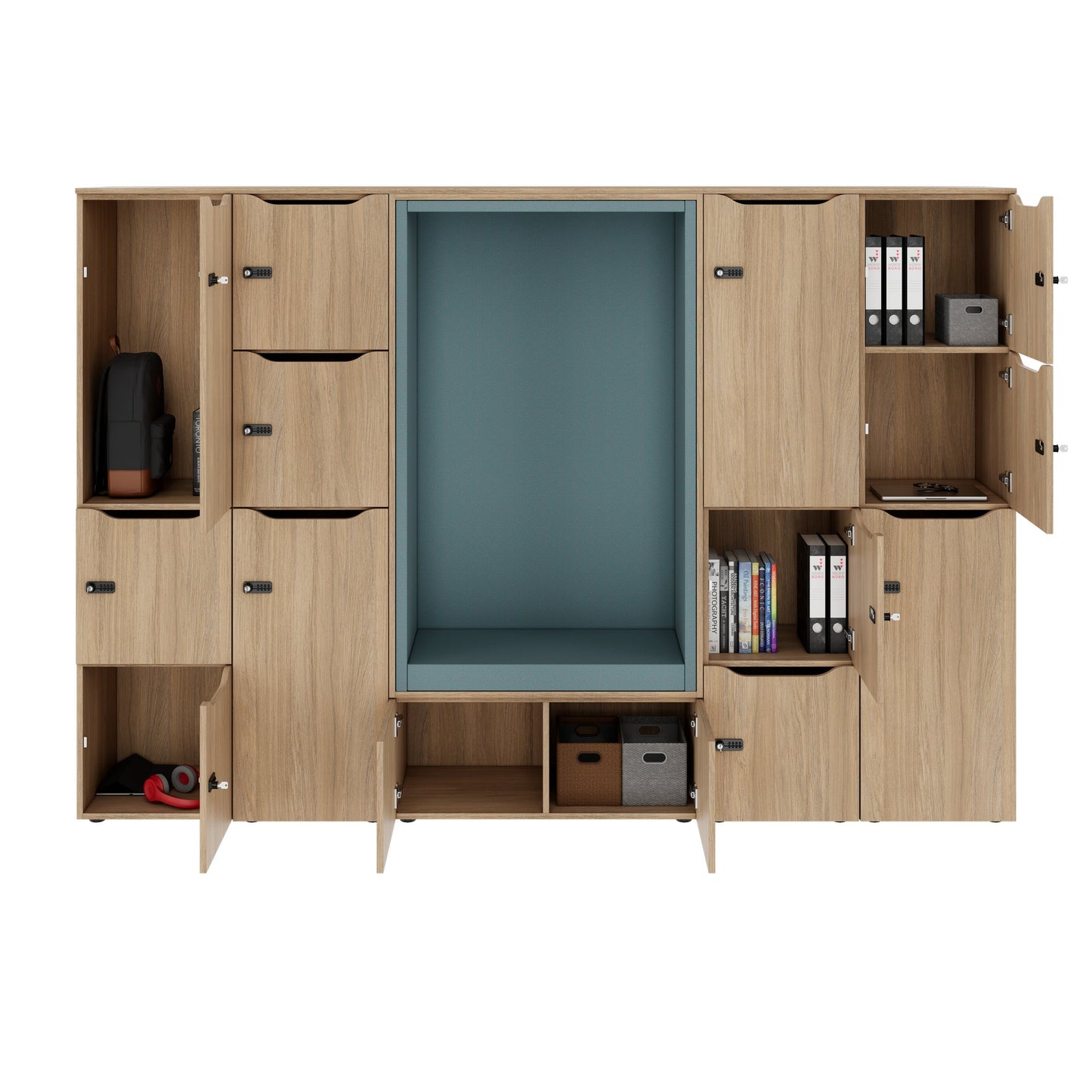 CHOICE Spind | 2706 x 1836 mm, 12 Schliessfächer, Sitznische, Bernsteineiche