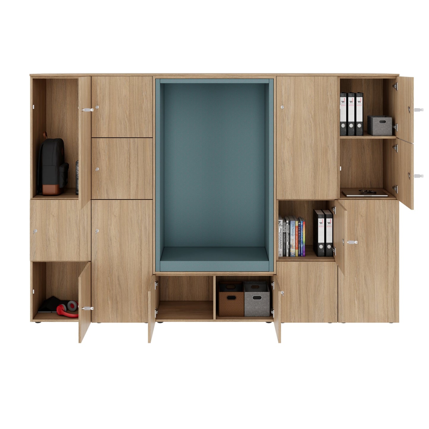 CHOICE Spind | 2706 x 1836 mm, 12 Schliessfächer, Sitznische, Bernsteineiche