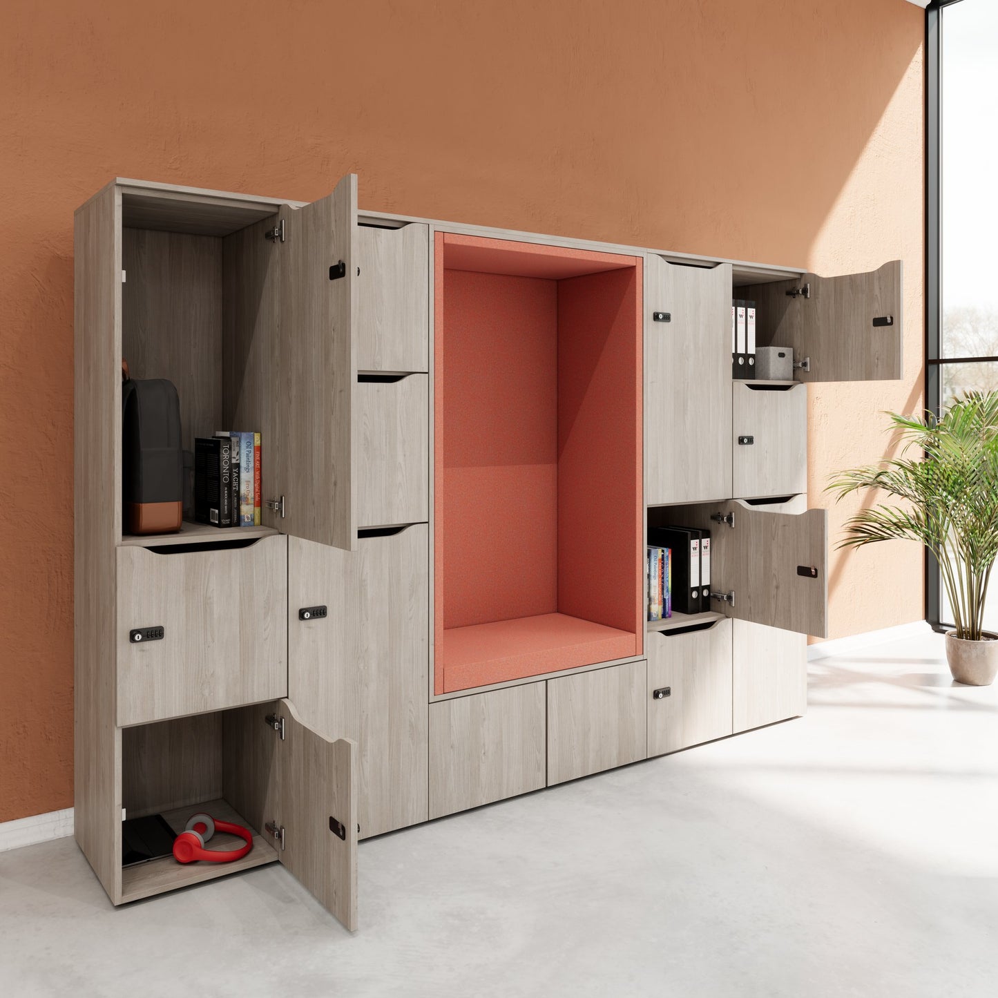 CHOICE Spind | 2706 x 1836 mm, 12 Schliessfächer, Sitznische, Nordeiche grau