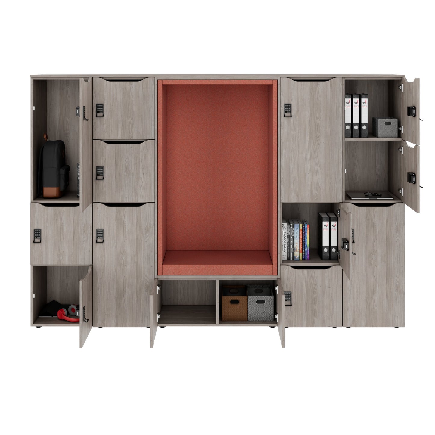 CHOICE Spind | 2706 x 1836 mm, 12 Schliessfächer, Sitznische, Nordeiche grau