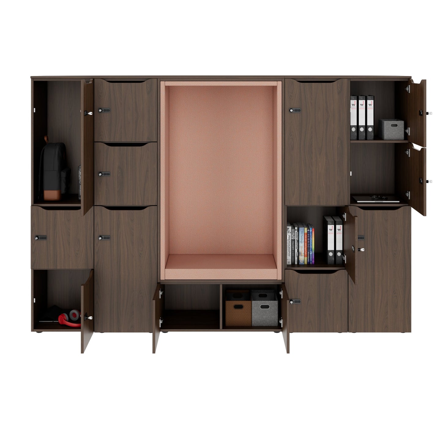 CHOICE Spind | 2706 x 1836 mm, 12 Schliessfächer, Sitznische, Nussbaum