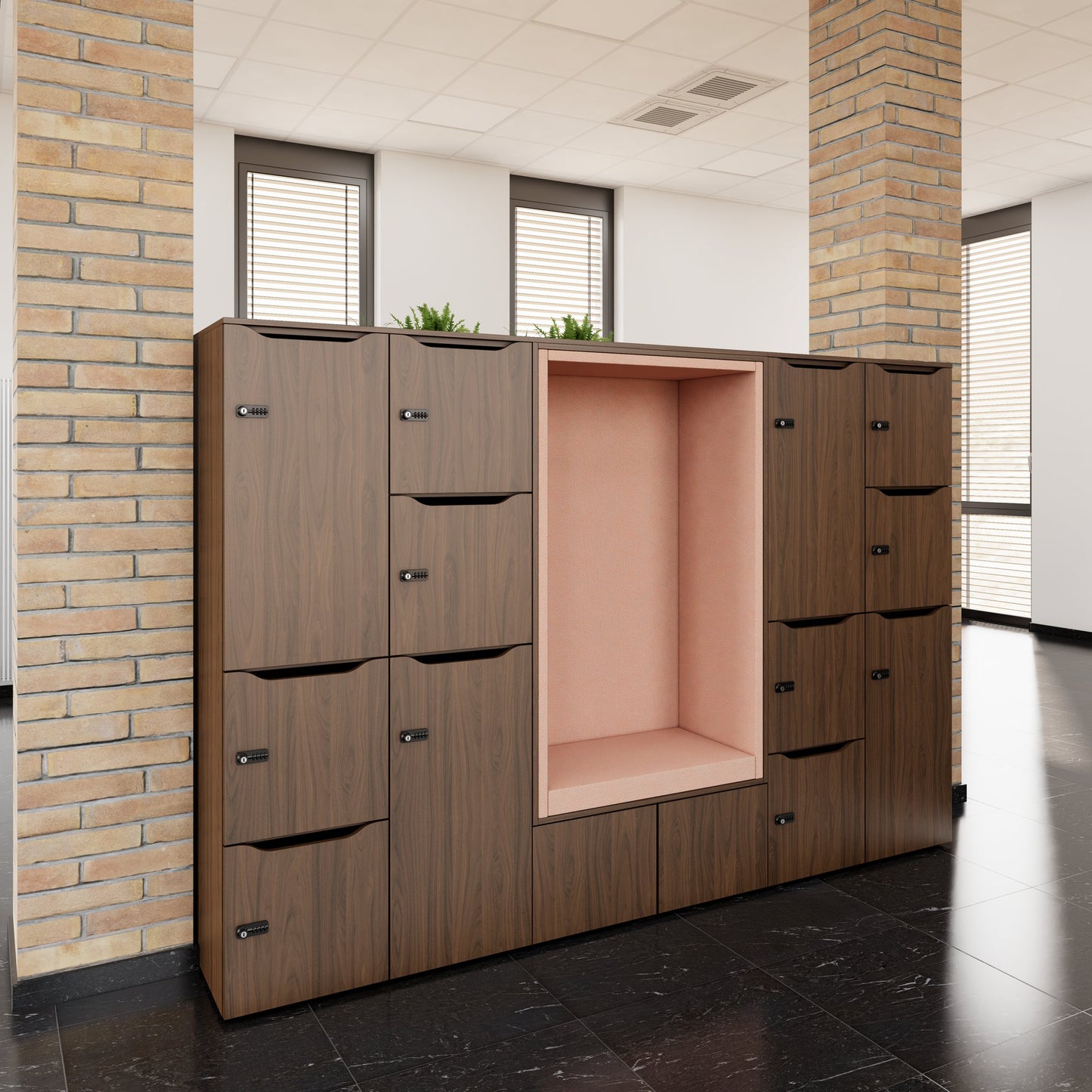 CHOICE Spind | 2706 x 1836 mm, 12 Schliessfächer, Sitznische, Nussbaum