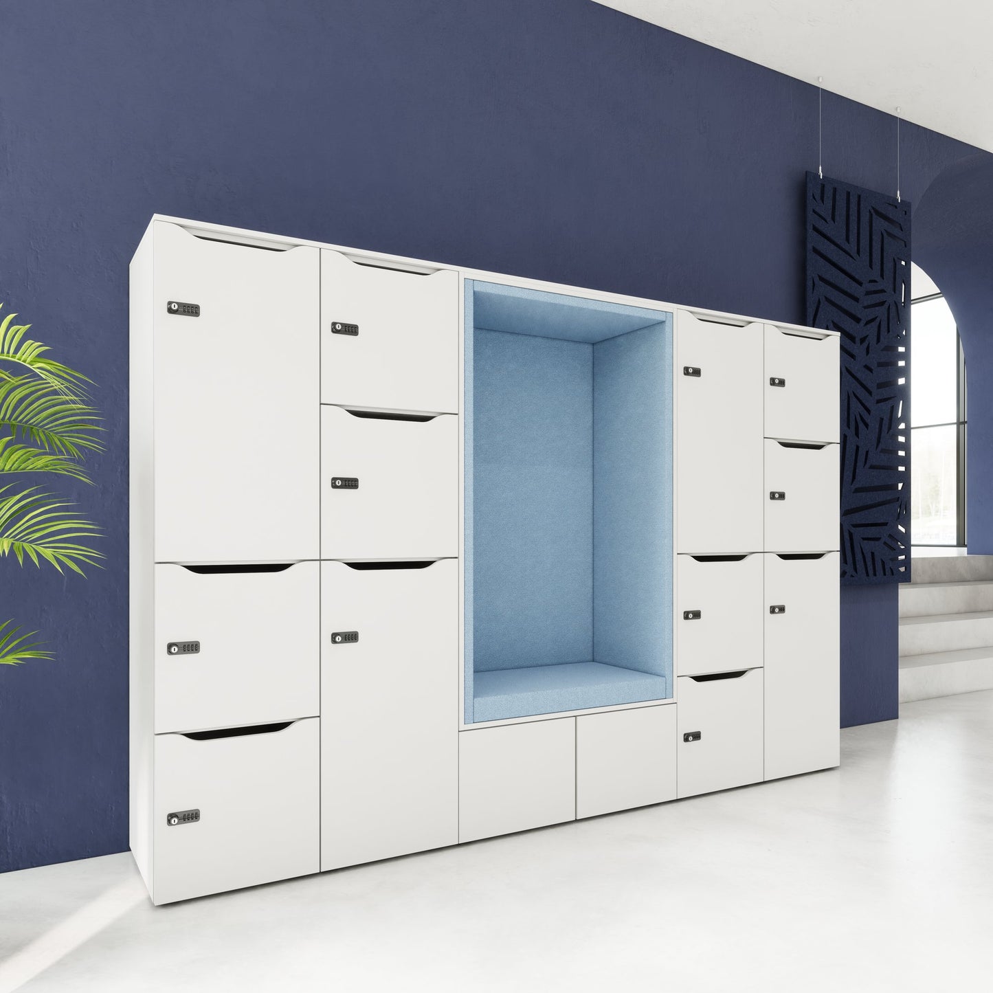 CHOICE Spind | 2706 x 1836 mm, 12 Schliessfächer, Sitznische, Perlgrau