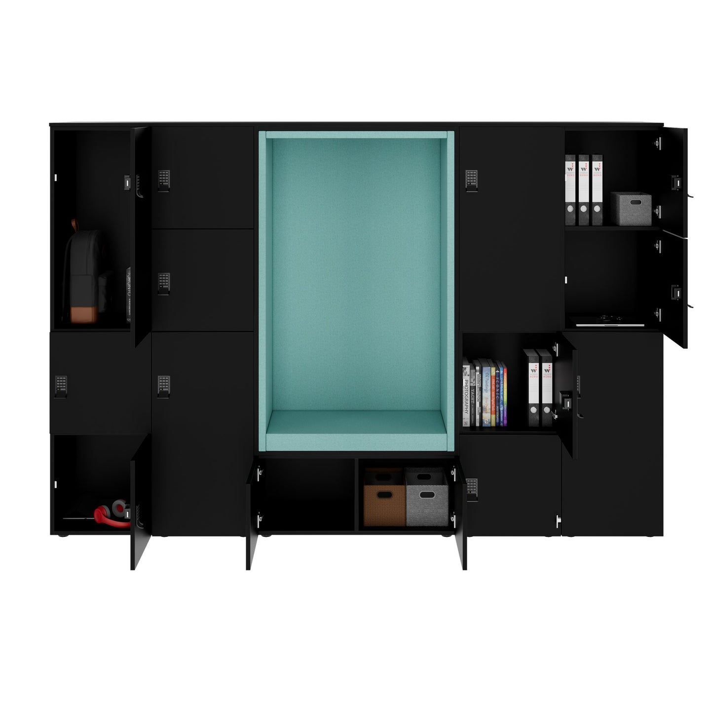 CHOICE Spind | 2706 x 1836 mm, 12 Schliessfächer, Sitznische, Schwarz