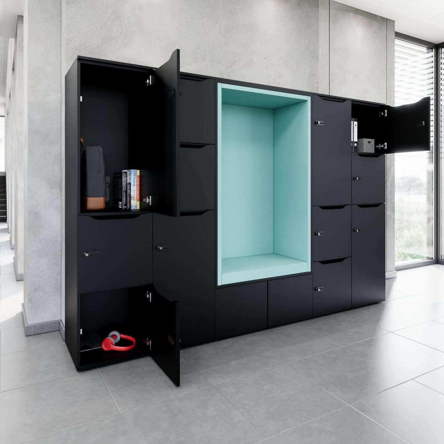 CHOICE Spind | 2706 x 1836 mm, 12 Schliessfächer, Sitznische, Schwarz