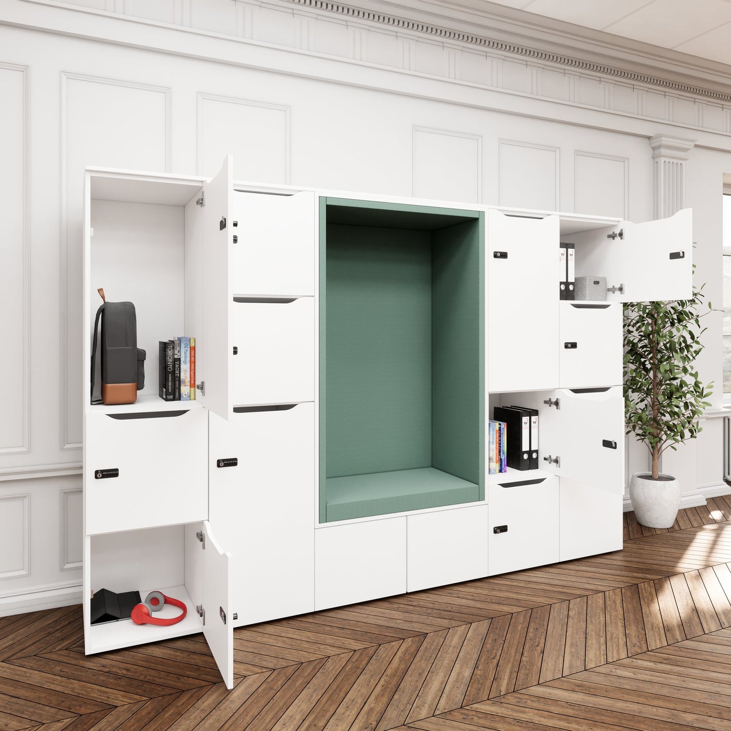 CHOICE Spind | 2706 x 1836 mm, 12 Schliessfächer, Sitznische, Weiss