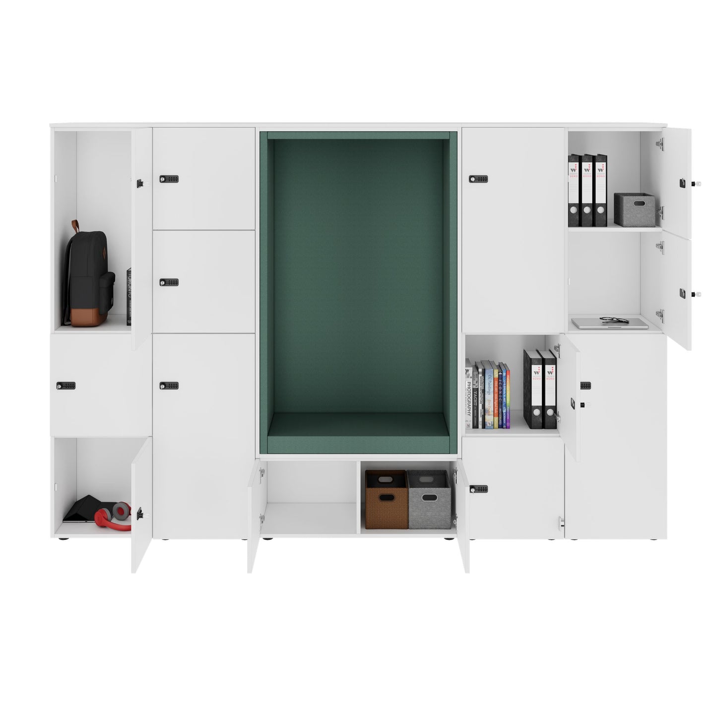 CHOICE Spind | 2706 x 1836 mm, 12 Schliessfächer, Sitznische, Weiss