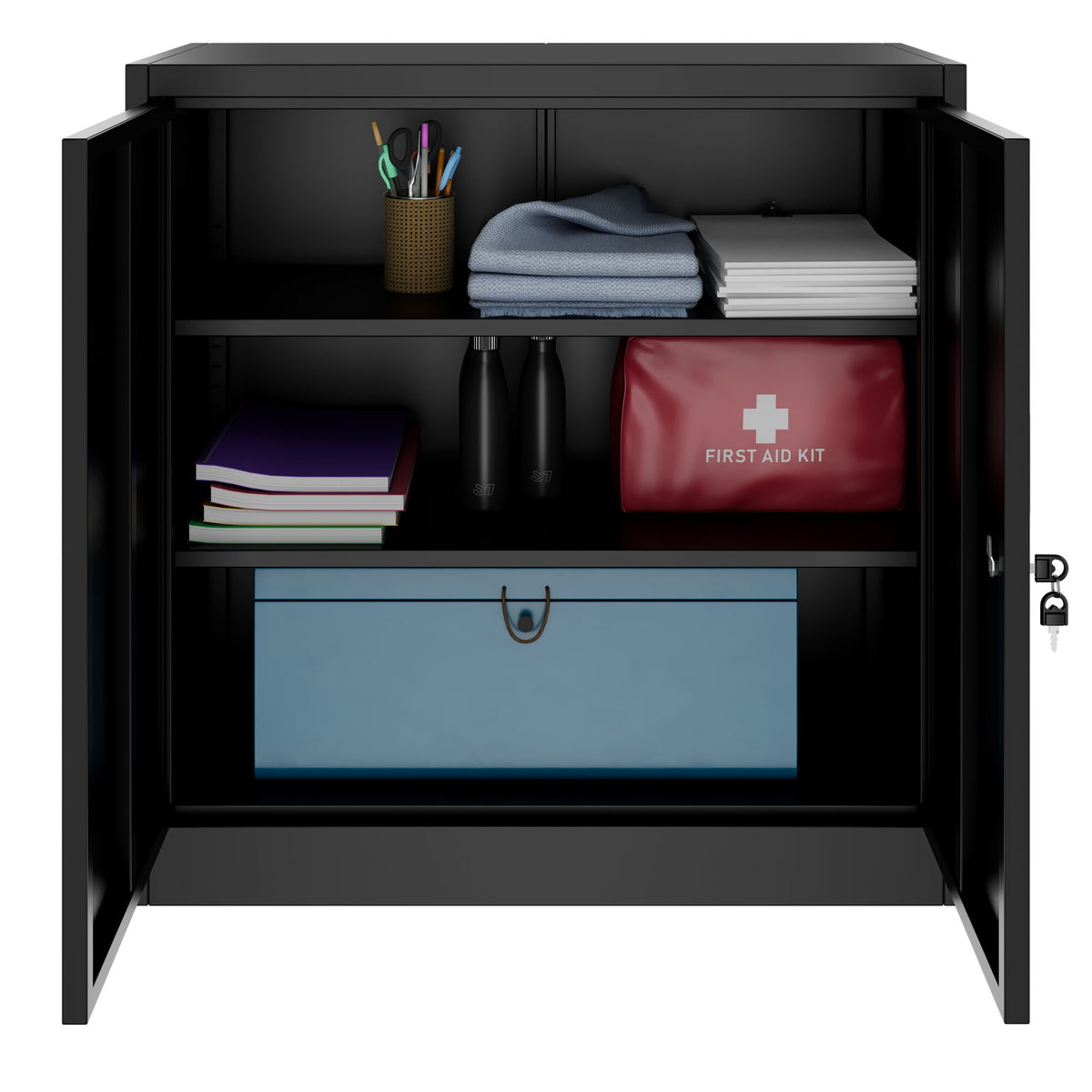 COREX Flügeltürenschrank | 2OH, 900 x 900 mm, Stahlkorpus, Schwarz - 4 Lightbox Main Image
