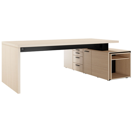 BRALCO SILE desk with lowboard | 2300 x 1700 mm, oak