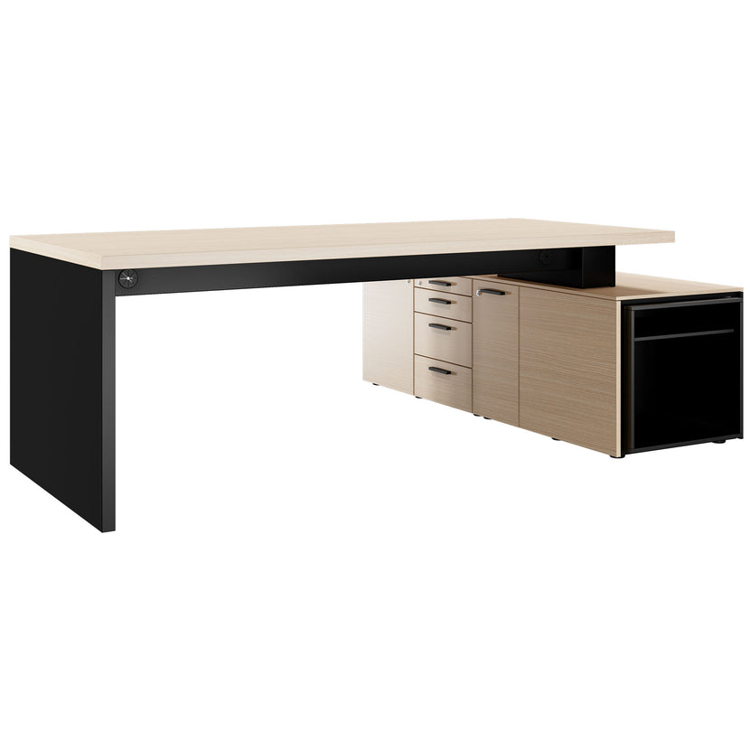BRALCO SILE desk with lowboard | 2300 x 1700 mm, oak