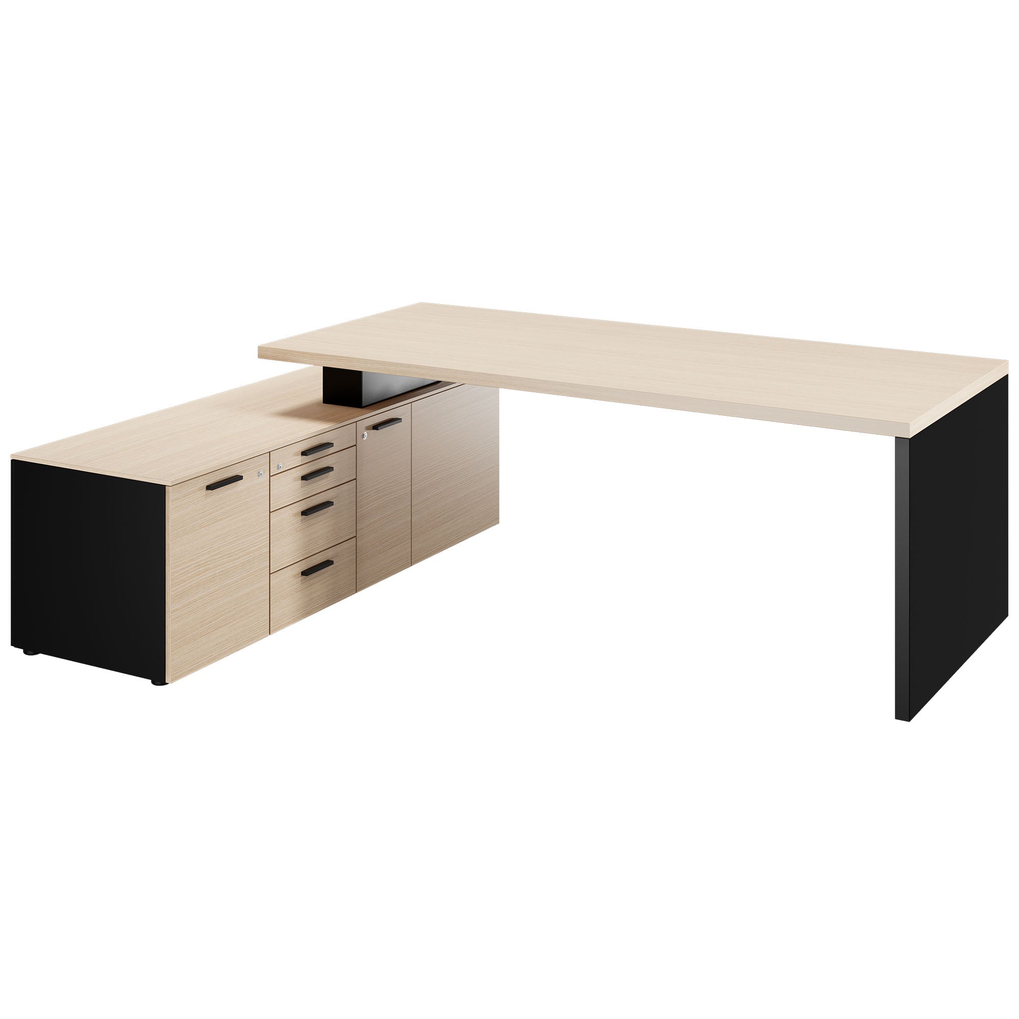 BRALCO SILE desk with lowboard | 2300 x 1700 mm, oak