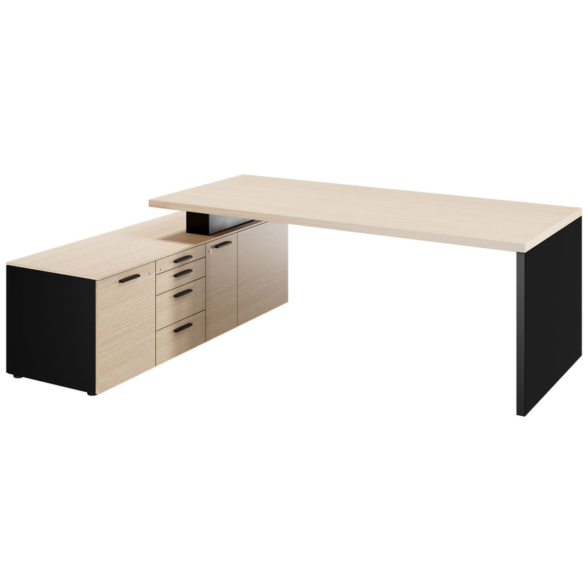 BRALCO SILE desk with lowboard | 2300 x 1700 mm, oak