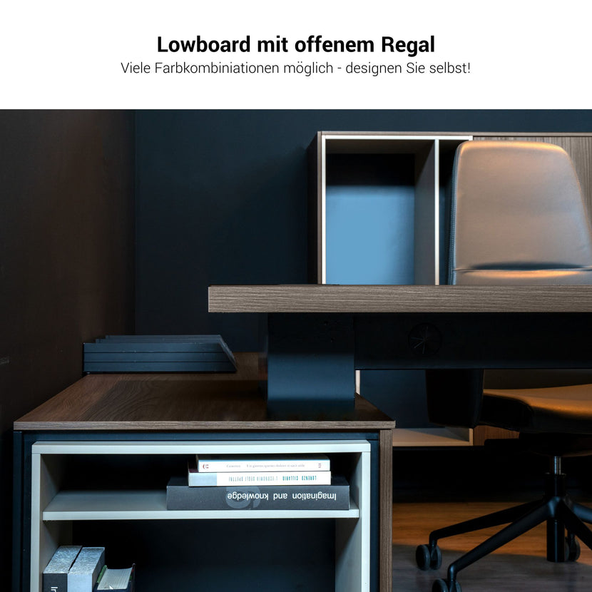 BRALCO SILE desk with lowboard | 2300 x 1700 mm, oak
