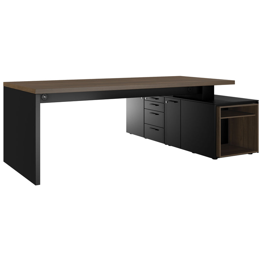 BRALCO SILE desk with lowboard | 2300 x 1700 mm, walnut