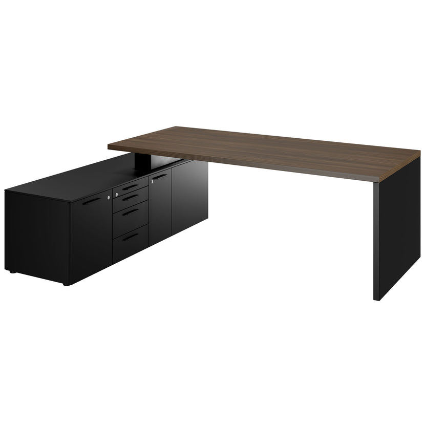 BRALCO SILE desk with lowboard | 2300 x 1700 mm, walnut