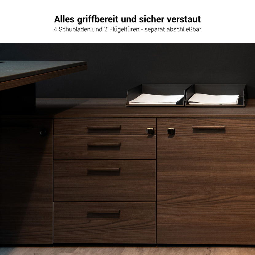 BRALCO SILE desk with lowboard | 2300 x 1700 mm, walnut