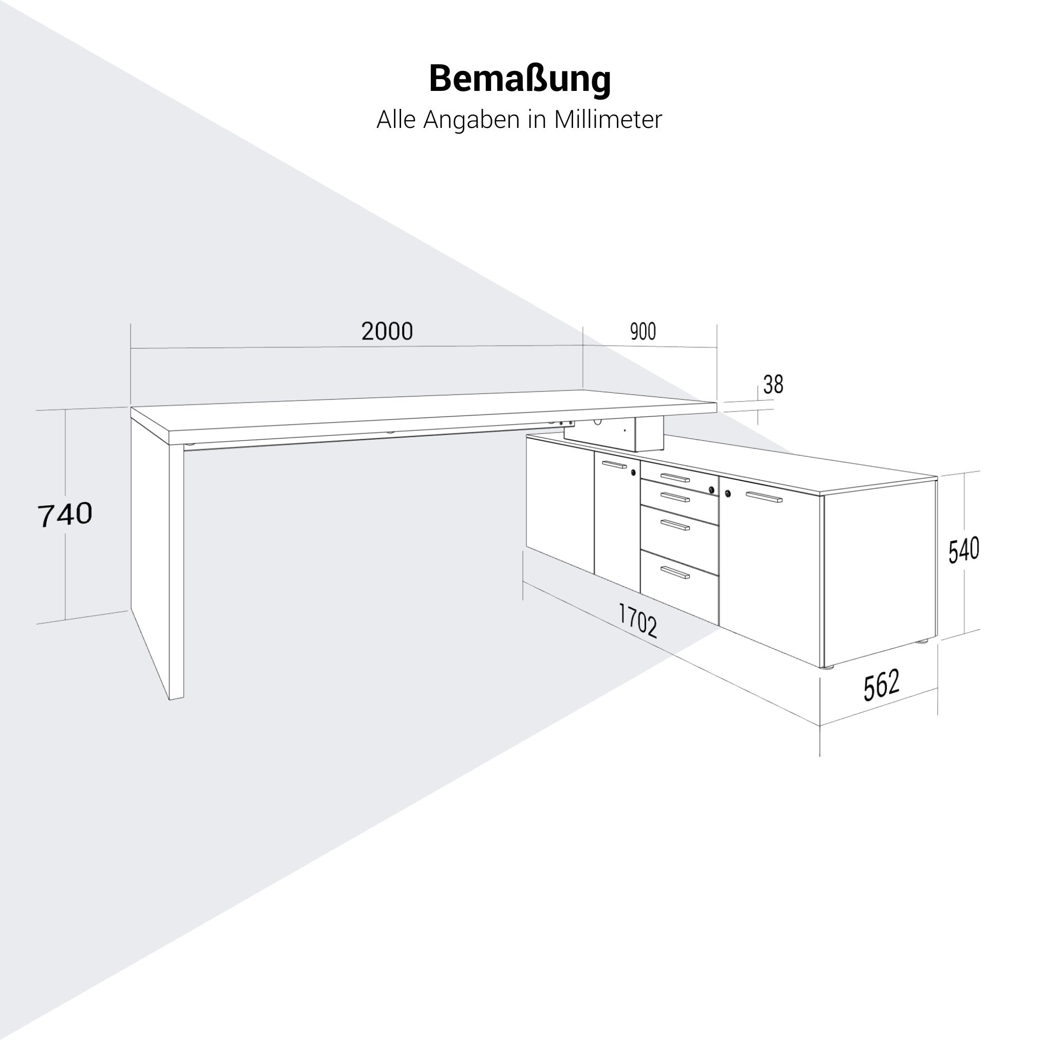 BRALCO SILE desk with lowboard | 2300 x 1700 mm, walnut