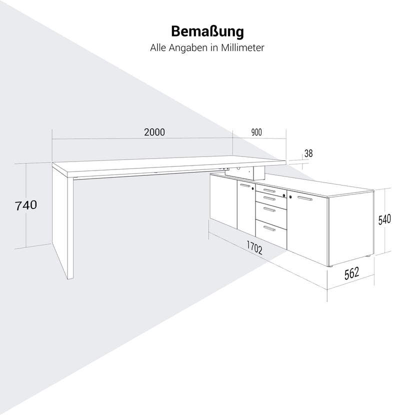 BRALCO SILE desk with lowboard | 2300 x 1700 mm, walnut