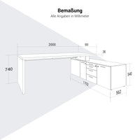 BRALCO SILE desk with lowboard | 2300 x 1700 mm, walnut