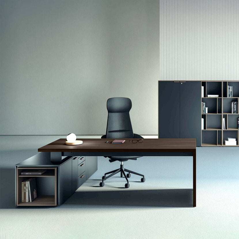 BRALCO SILE desk with lowboard | 2300 x 1700 mm, walnut
