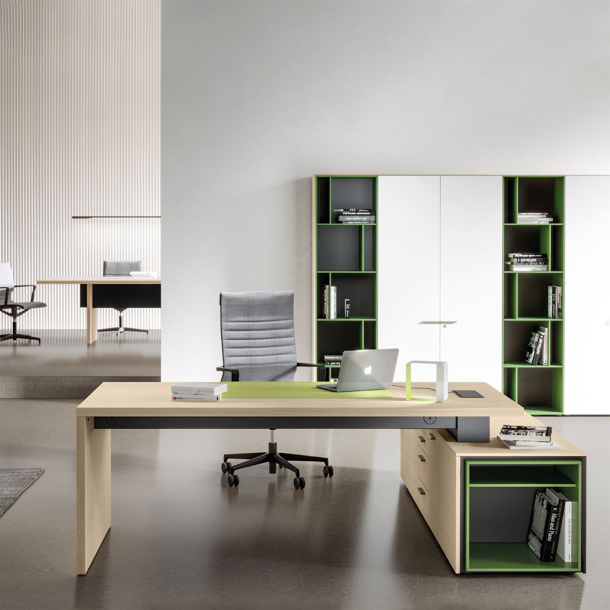 BRALCO SILE desk with lowboard | 2300 x 1700 mm, walnut