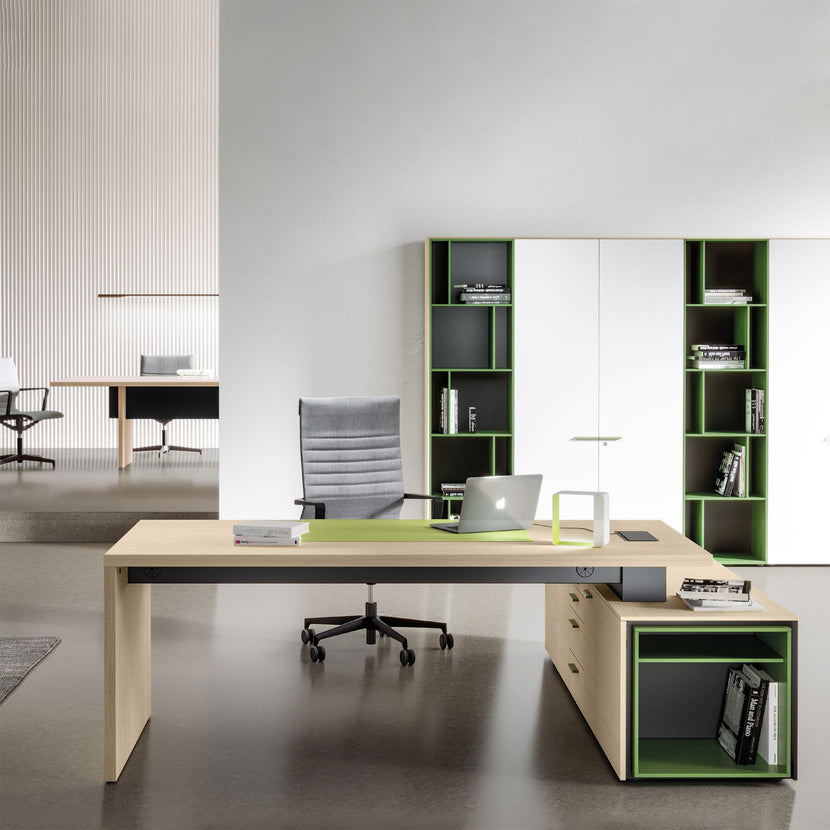 BRALCO SILE desk with lowboard | 2300 x 1700 mm, walnut