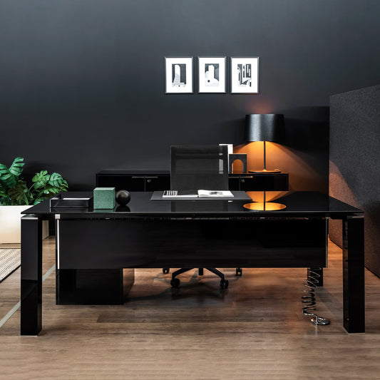 BRALCO JET EVO executive desk | Glass table top, integrated lowboard, black