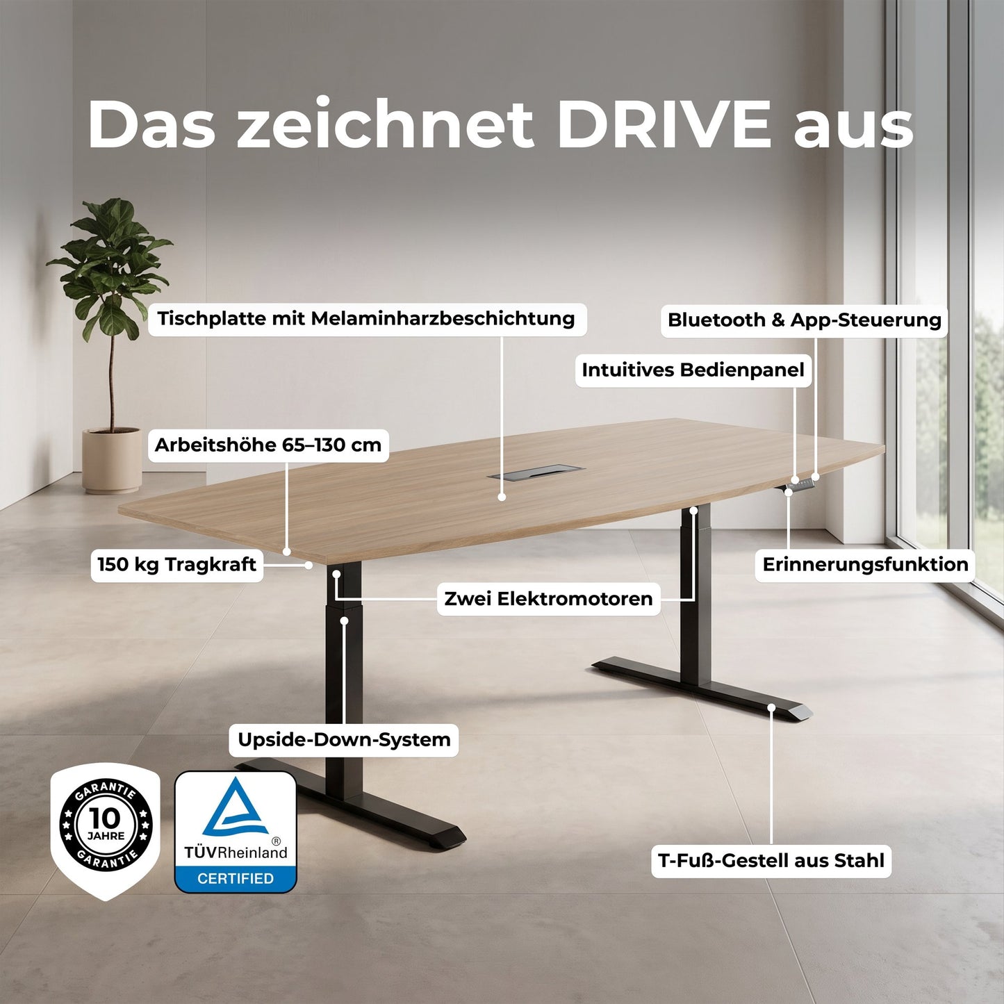 DRIVE 2 motor conference table | Boat shape, 1800 - 2400 mm (6 - 10 people), electrically height adjustable, cable flap optional, amber oak