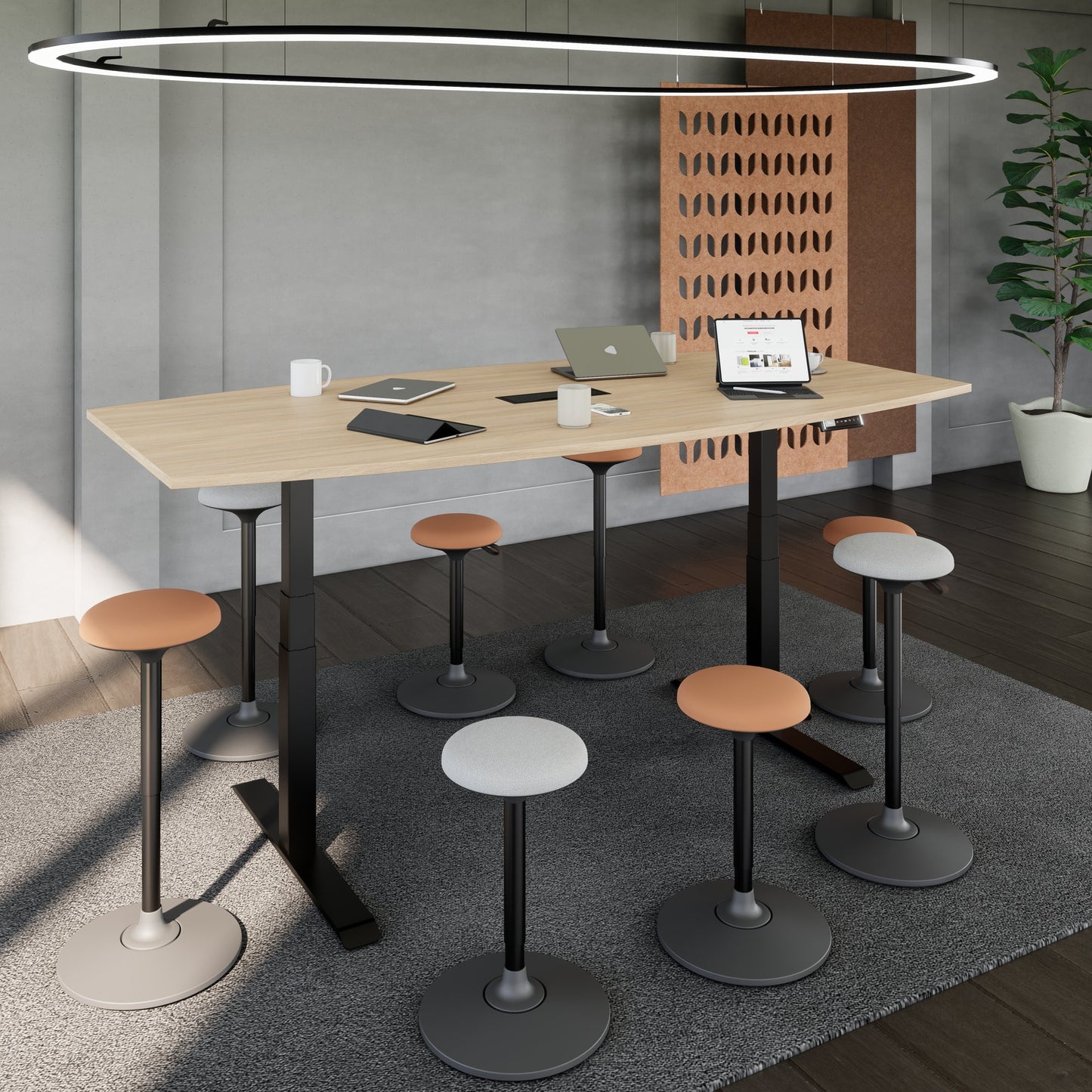 DRIVE 2 motor conference table | Boat shape, 1800 - 2400 mm (6 - 10 people), electrically height adjustable, cable flap optional, amber oak