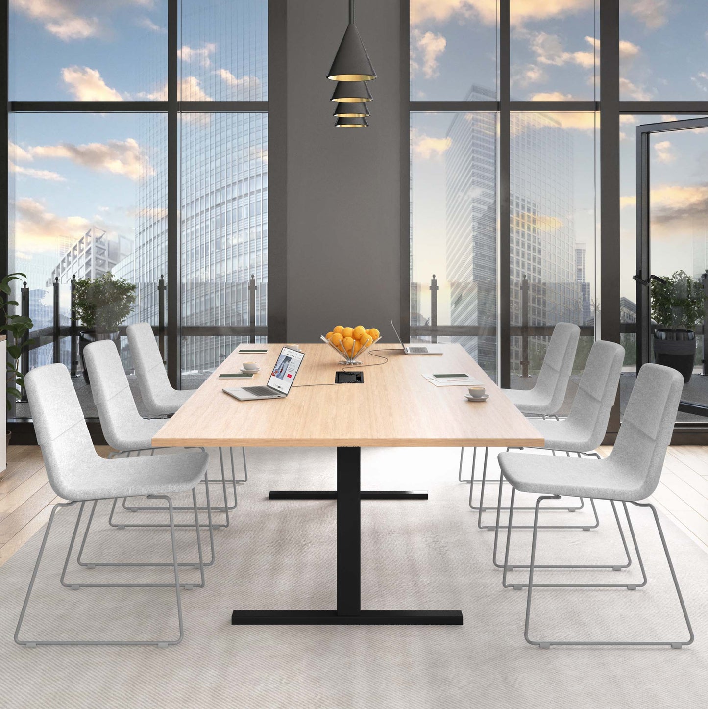 Table de conférence T-EASY | 2400 x 1200 mm (10 - 12 personnes), électrifié, chêne ambré