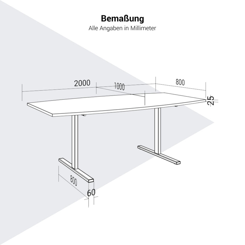T-EASY Table de conférence | 2000 x 1000 mm (6 à 8 personnes), forme bateau, blanc
