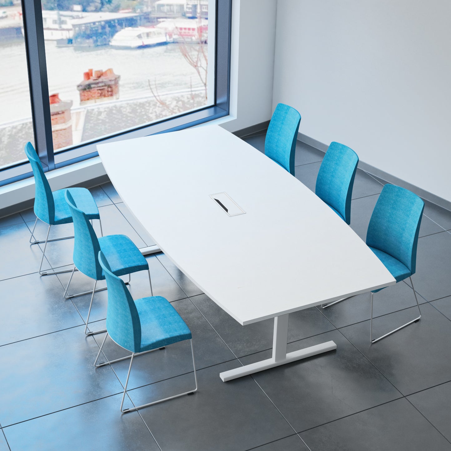 Table de conférence T-Sey | 2400 x 1200 mm (6 - 10 personnes), forme de bateau, électrifié, blanc