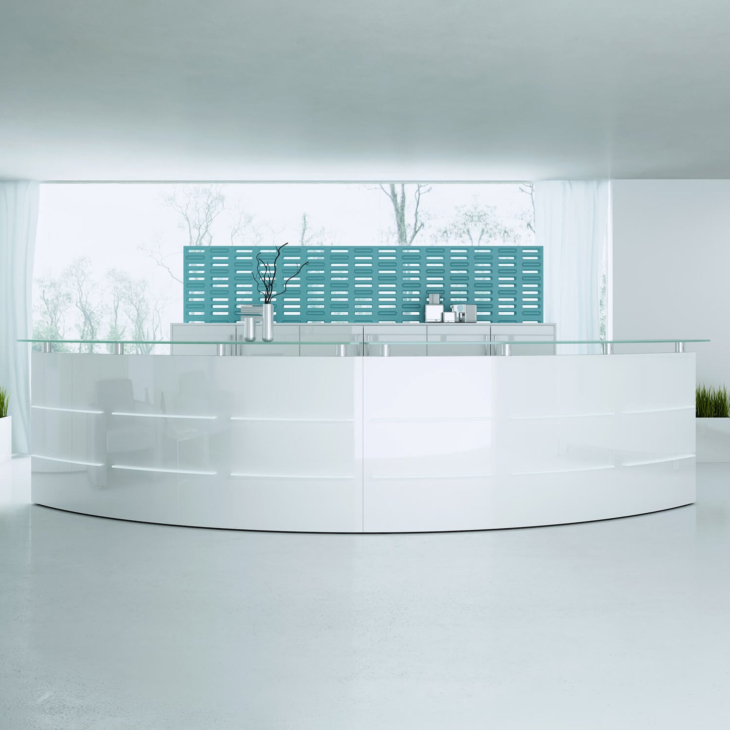 eMel - CADIZ reception desk | Round, LED lighting, 2370 x 1702 mm