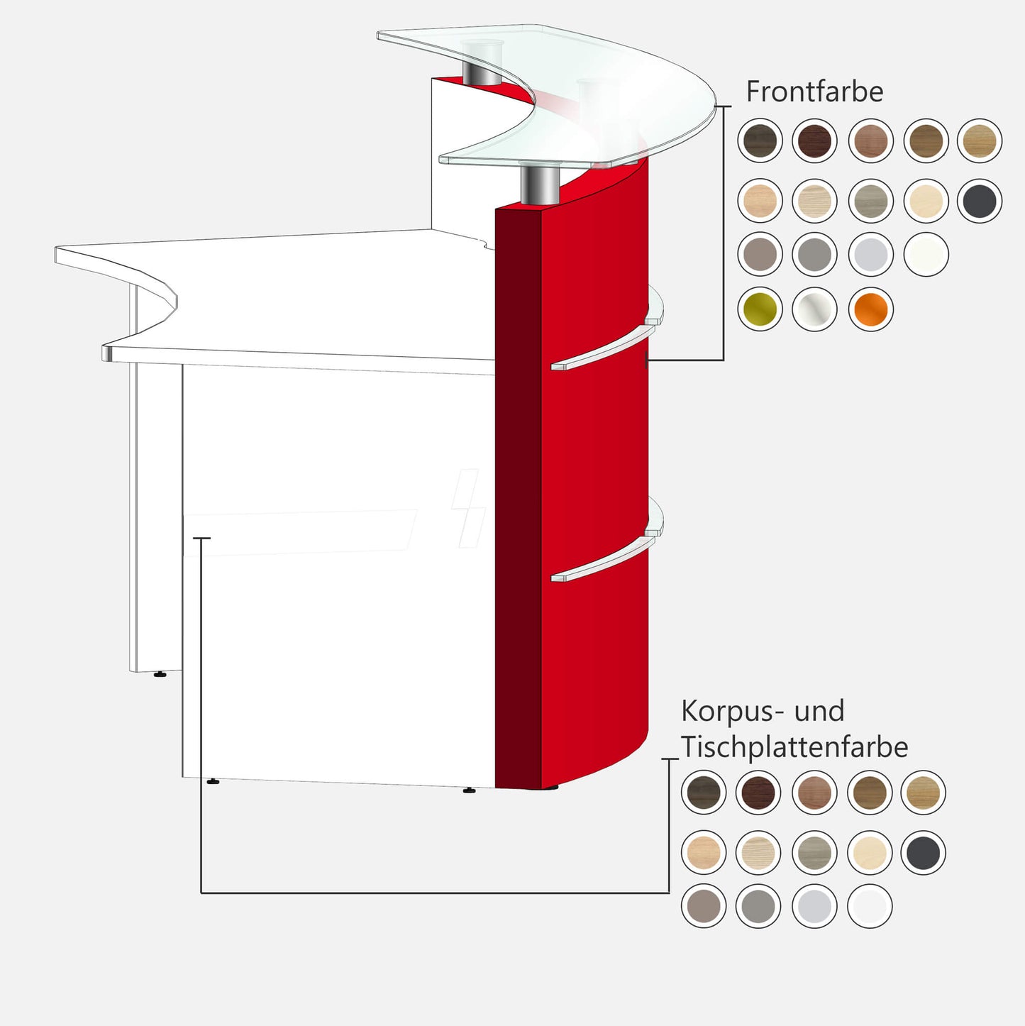 eMel - CADIZ reception desk | Round, LED lighting, 2370 x 1702 mm