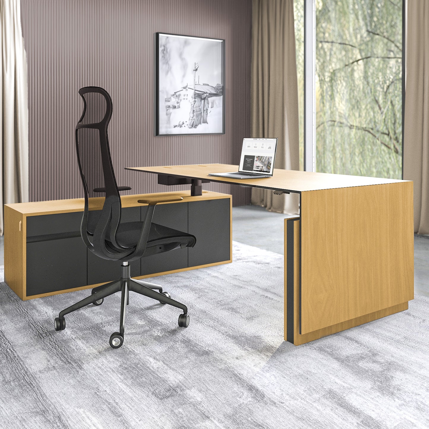 Motion 2-Motor Desk con sideboard | Regolabile elettricamente in altezza, 2000 x 1800 mm, impiallacciatura di quercia