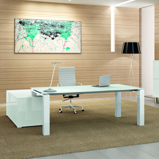 Bralco Jet Evo chief desk | Glass table plate, integrated lowboard, white