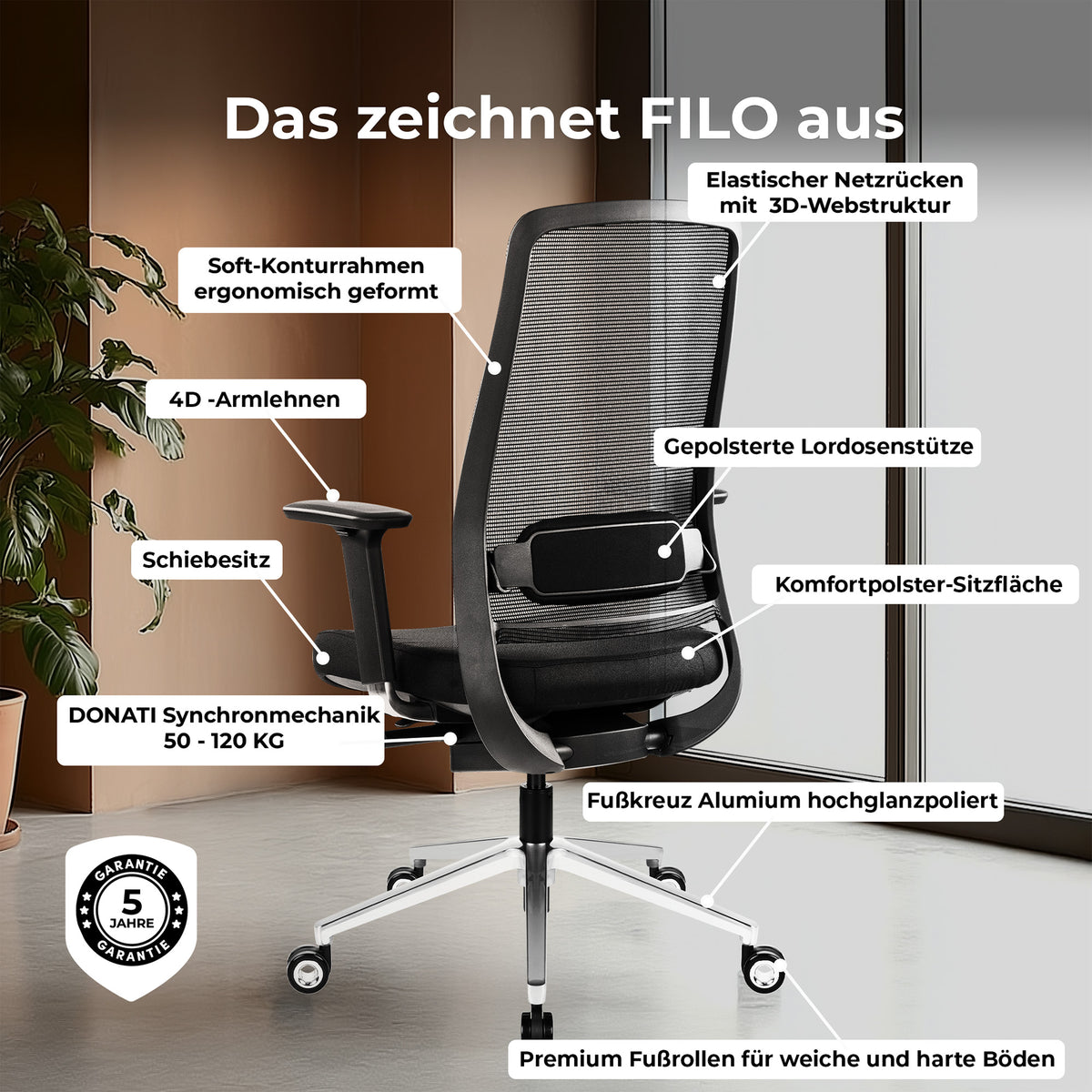 FILO 2.0 Bürodrehstuhl | Premium-Drehstuhl, Lordosenstütze, Netzrücken, 4D-Armlehnen, Grau - 12 Lightbox Main Image
