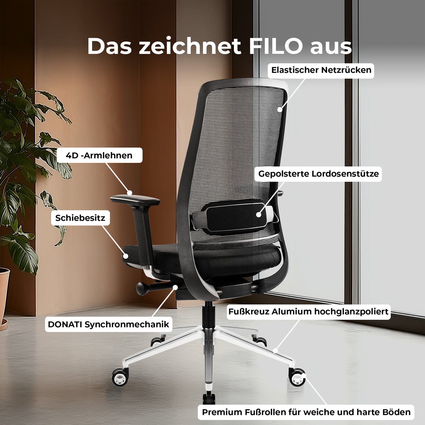FILO-B 2.0 office swivel chair | Lumbar vertebrae lordosis, network back, black