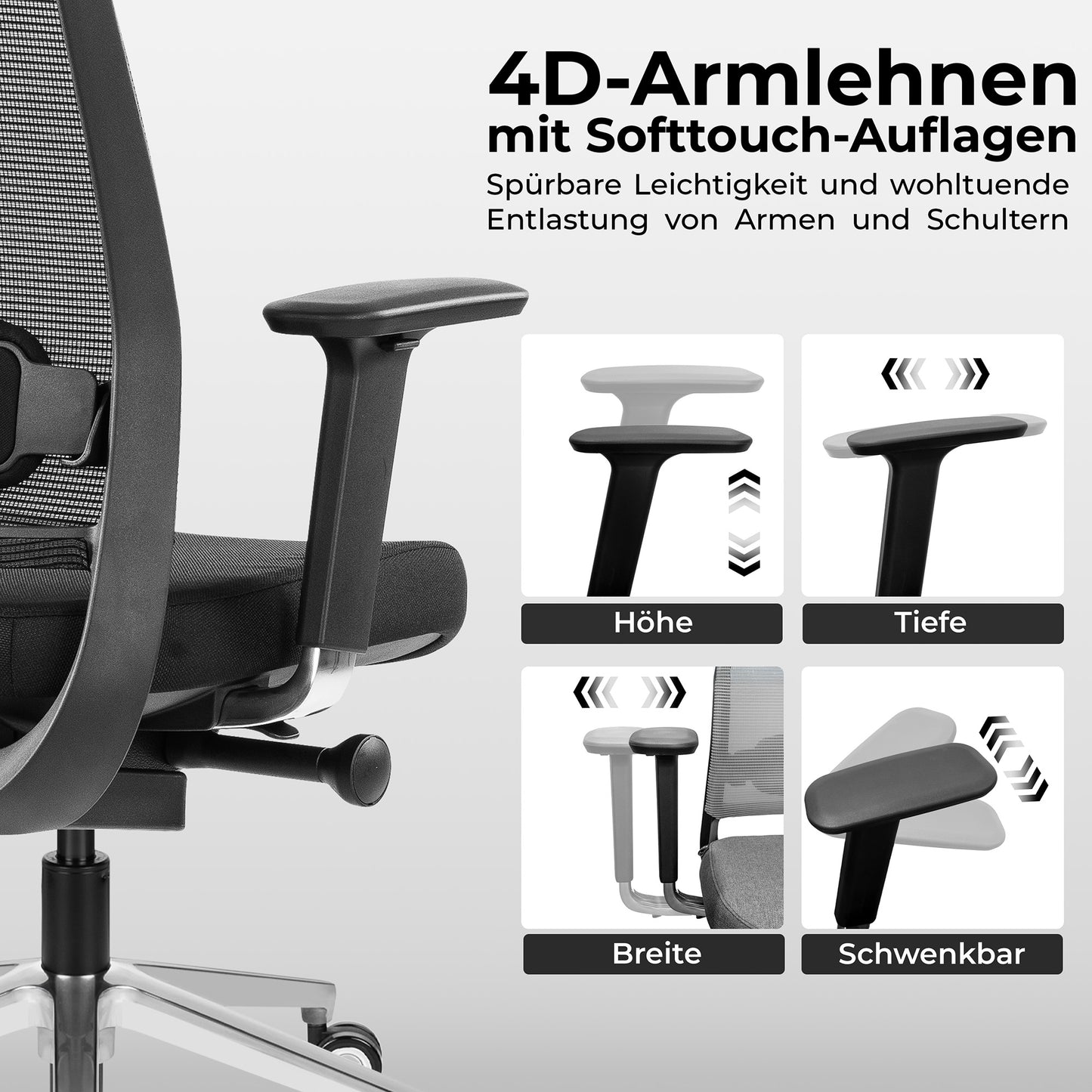 FILO 2.0 Bürodrehstuhl | Premium-Drehstuhl, Lordosenstütze, Netzrücken, 4D-Armlehnen, Schwarz
